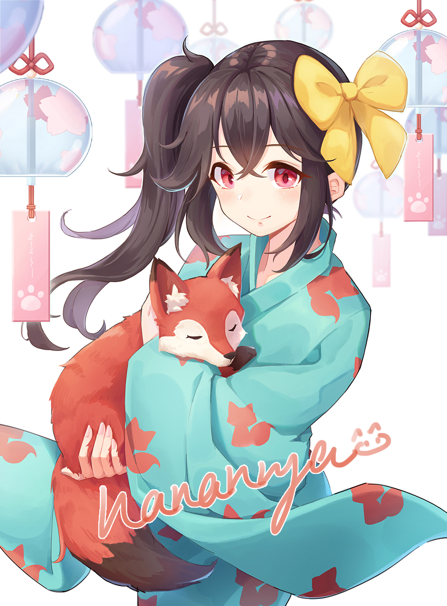 1girl, animal, animal_ear_fluff, animal_ears, bangs, blue_kimono, bow, brown_hair