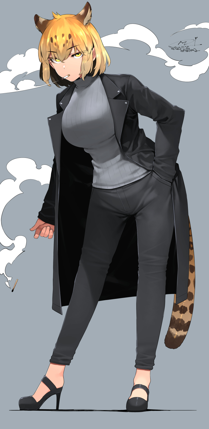1girl, alternate_costume, animal_ear_fluff, animal_ears, bangs, black_coat, black_footwear, black_pants