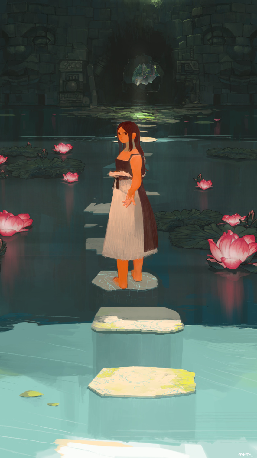 1girl, bare_shoulders, barefoot, brown_dress, brown_eyes, brown_hair, cave, closed_mouth