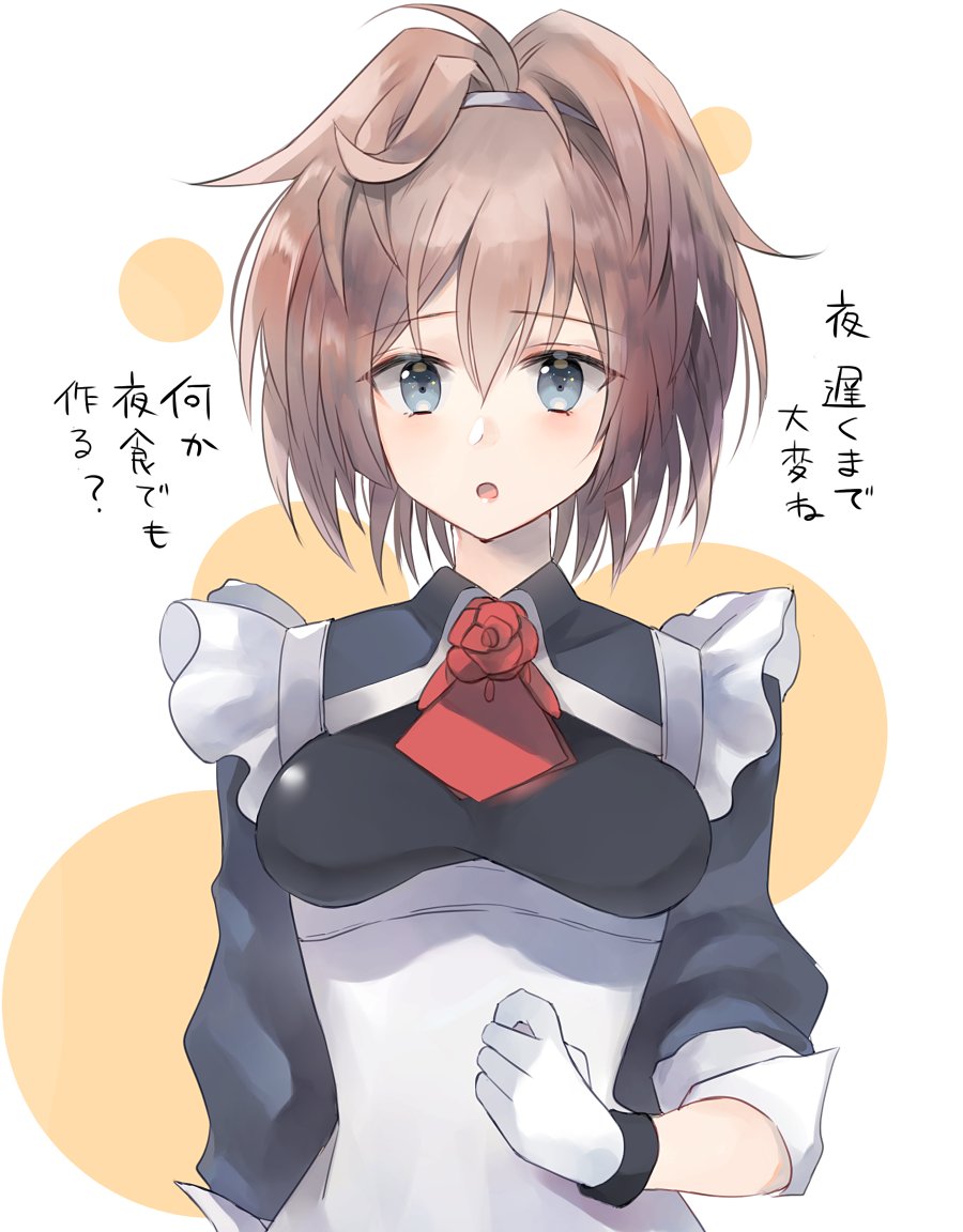 1girl, ascot, blush, brown_hair, eyebrows_visible_through_hair, flower, gloves, grey_eyes