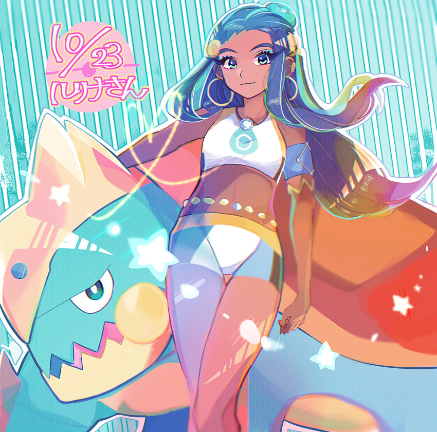 1girl, armlet, belly_chain, bike_shorts, black_hair, blurry, closed_mouth, commentary_request, dark_skin, dark-skinned_female, dated, drednaw, earrings, eyelashes, floating_hair, gen_8_pokemon, green_eyes, green_eyeshadow, gym_leader, hair_bun, heart, highres, hoop_earrings, jewelry, long_hair, looking_at_viewer, makeup, multicolored_hair, na_(niruo3), necklace, nessa_(pokemon), pokemon, pokemon_(creature), pokemon_(game), pokemon_swsh, smile, star_(symbol), two-tone_hair