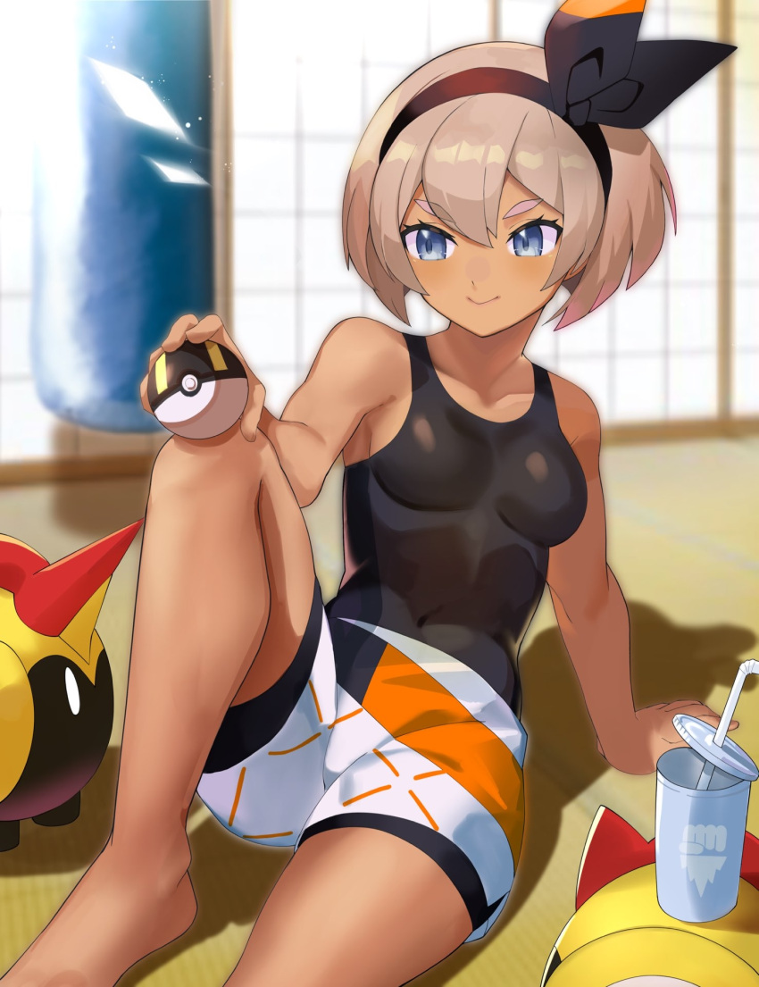 >:), 1girl, arm_support, ball, bangs, bare_arms, bare_legs, bare_shoulders