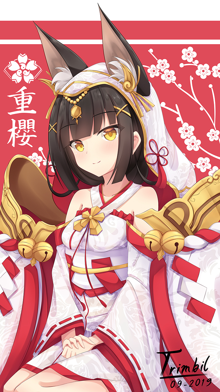 1girl, animal_ears, azur_lane, bell, bridal_veil, cherry_blossom_print, commentary, detached_sleeves