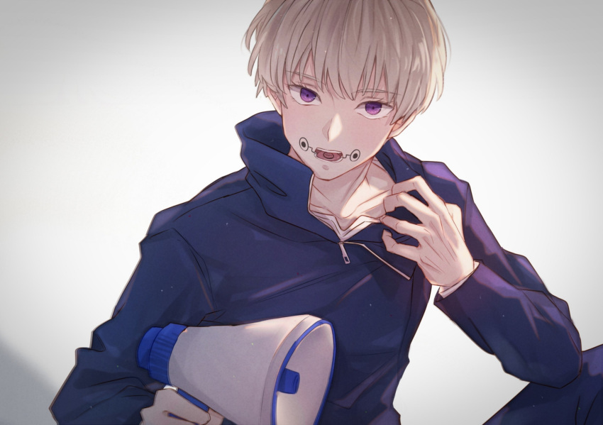 1boy, bangs, blue_jacket, blue_pants, collarbone, eyebrows_visible_through_hair, facial_tattoo, gakuran