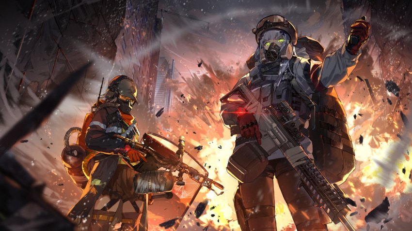 2girls, artist_request, assault_rifle, detonator, drum_magazine, eotech, eotech_g33, explosion, fang_hk416_(girls_frontline), flamethrower, gas_mask, girls_frontline, glowing, glowing_eyes, green_eyes, gun, h&amp;k_hk416, hair_ornament, hellfire_vector_(girls_frontline), helmet, highres, kriss_vector, looking_at_viewer, multiple_girls, oxygen_mask, oxygen_tank, radio, rifle, short_shorts, shorts, silver_hair, skirt, snow, submachine_gun, thigh-highs, tom_clancy's_the_division, weapon