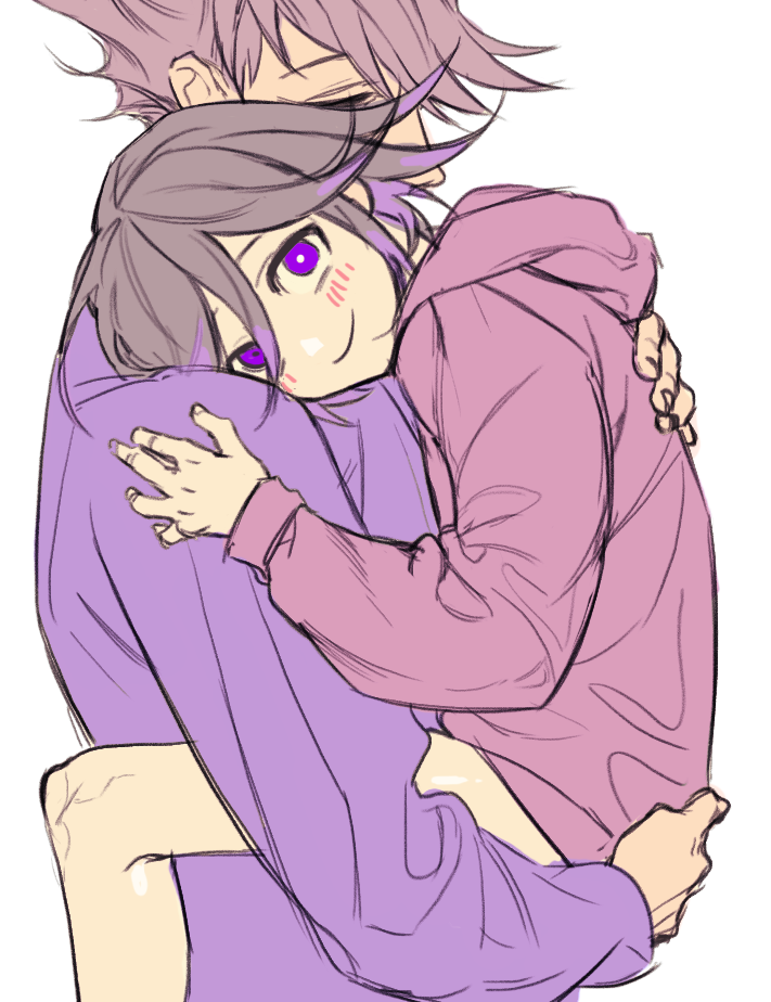 2boys, bangs, bare_legs, blush, brown_hair, carrying, closed_eyes, commentary