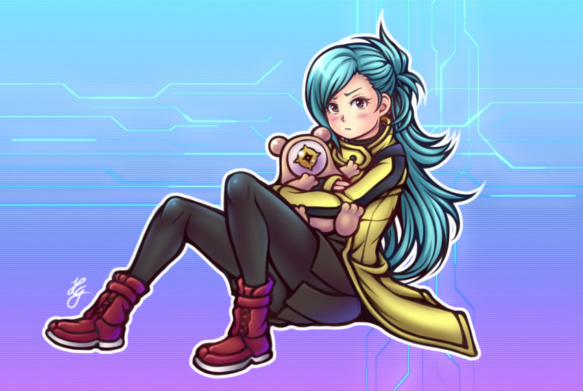 1girl, ahoge, ai:_the_somnium_files, ai_the_somnium_files, aiba_(ai:_the_somnium_files), bangs, black_dress, black_legwear, black_stripes, blue_background, blue_hair, blush, closed_mouth, dress, gradient, gradient_background, gradient_hair, grey_eyes, hair_behind_ear, high_tops, highres, jacket, long_hair, long_sleeves, looking_at_viewer, multicolored_hair, object_hug, okiura_mizuki, pantyhose, ponytail, purple_background, red_footwear, shiny, shiny_hair, shoes, sitting, sneakers, striped, tacoyaki, very_long_hair