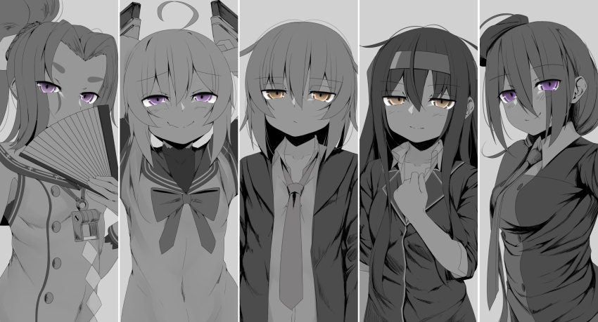 5girls, ahoge, ariake_(kantai_collection), bangs, bodysuit, breasts, brown_eyes, closed_mouth, dress, eyebrows_visible_through_hair, fan, fang, greyscale, hair_between_eyes, hat, hatsuharu_(kantai_collection), hatsushimo_(kantai_collection), headband, headgear, highres, jacket, kantai_collection, long_hair, long_sleeves, monochrome, multiple_girls, ne_an_ito, necktie, nenohi_(kantai_collection), ponytail, sailor_collar, sailor_dress, short_hair, simple_background, skin_fang, sleeveless, sleeveless_dress, smile, spot_color, violet_eyes, wakaba_(kantai_collection)