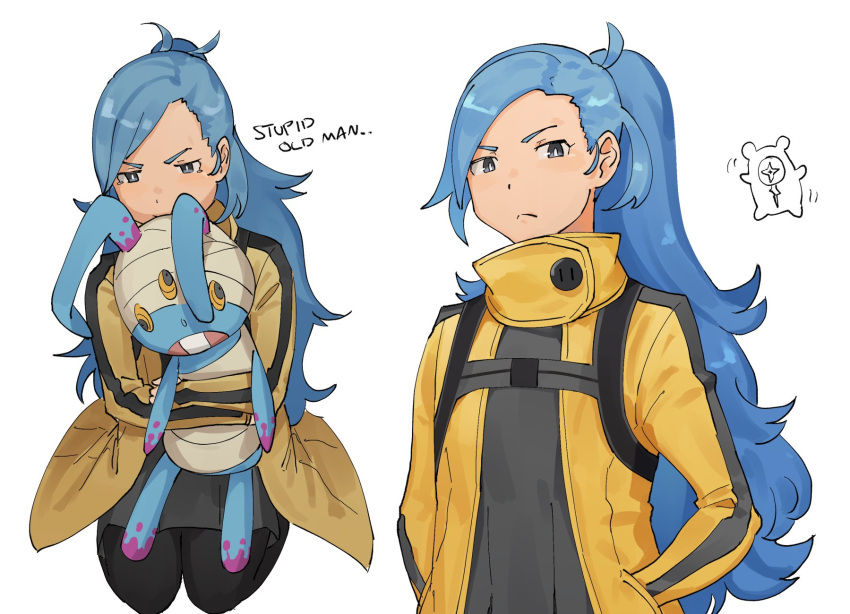 00rand01, 1girl, adorabbit, ahoge, ai:_the_somnium_files, ai_the_somnium_files, aiba_(ai:_the_somnium_files), aiba_(ai_the_somnium_files), backpack, bag, bangs, black_dress, black_legwear, black_stripes, blue_hair, closed_mouth, dress, gradient_hair, grey_eyes, hair_behind_ear, hands_in_pockets, highres, jacket, long_hair, long_sleeves, multicolored_hair, object_hug, okiura_mizuki, pantyhose, pleated_dress, ponytail, shiny, shiny_hair, simple_background, solo, striped, stuffed_animal, stuffed_toy, swept_bangs, thigh-highs, very_long_hair, wavy_hair, white_background, yellow_jacket