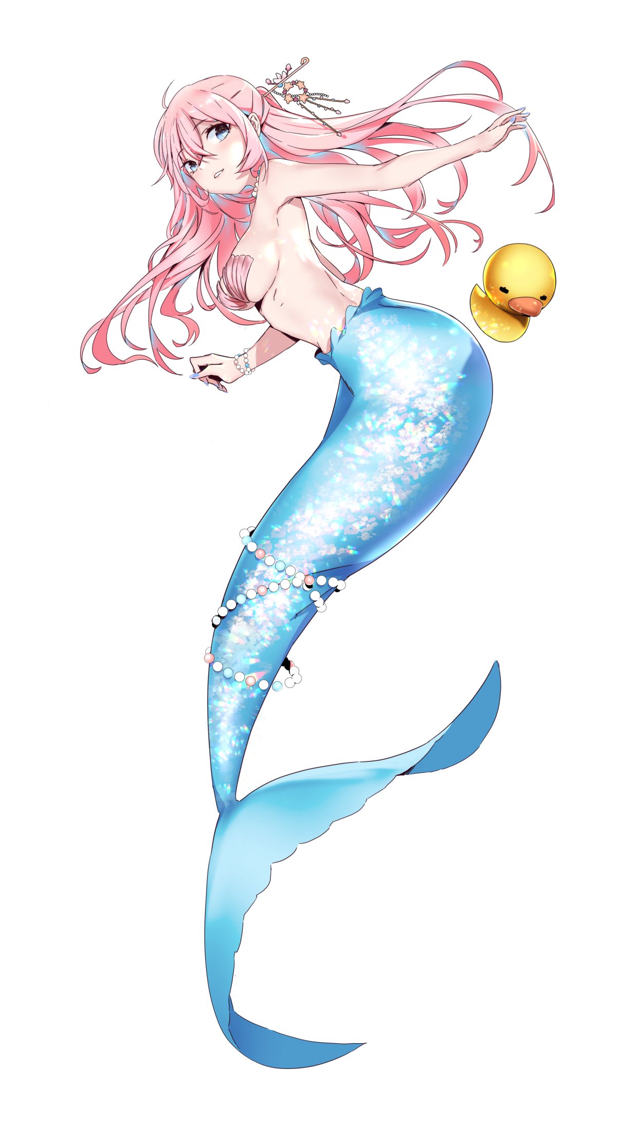 1girl, ariru, armpit_peek, bead_bracelet, beads, blue_eyes, blue_tail, bracelet, breasts, erotipop, floating_hair, from_side, full_body, hair_between_eyes, hair_ornament, hair_stick, highres, indie_virtual_youtuber, jewelry, light_blush, long_hair, looking_back, mermaid, monster_girl, open_hand, parted_lips, pink_hair, rubber_duck, small_breasts, solo, virtual_youtuber, white_background