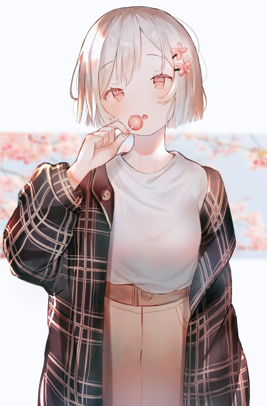 1girl, :o, bangs, breasts, brown_eyes, brown_skirt, candy, cherry_blossoms
