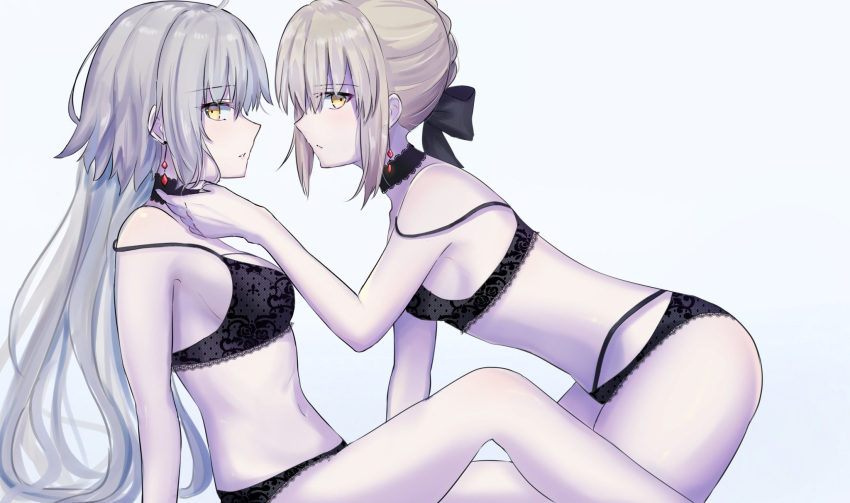 2girls, artoria_pendragon_(all), ass, bangs, black_bra, black_panties, black_ribbon, blush