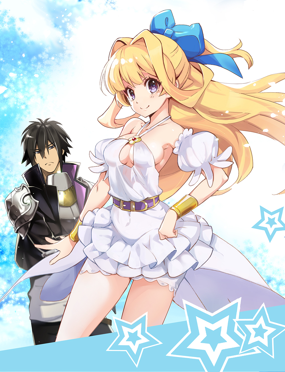 1boy, 1girl, armor, belt, black_eyes, black_hair, blonde_hair, bow
