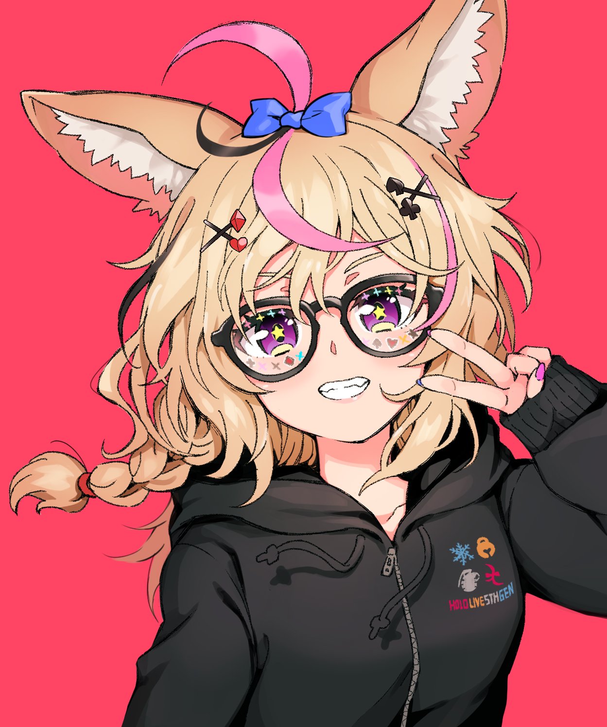 1girl, animal_ear_fluff, animal_ears, antenna_hair, bespectacled, black-framed_eyewear, black_hair, black_hoodie