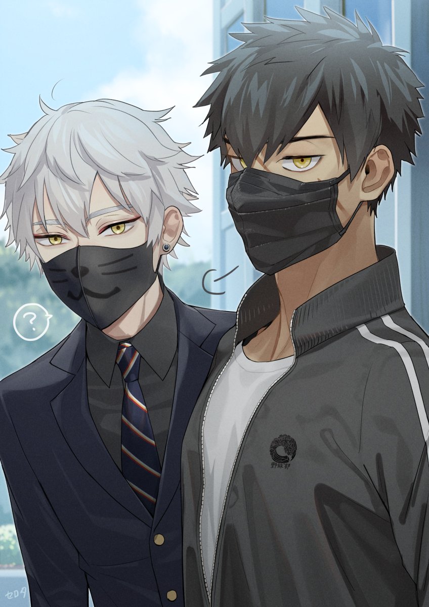 2boys, ?, black_hair, blazer, blue_sky, building, collared_shirt, doudanuki_masakuni, highres, jacket, male_focus, mask, multiple_boys, nakigitsune, necktie, serota, shirt, sky, spoken_question_mark, touken_ranbu, track_jacket, white_hair, yellow_eyes