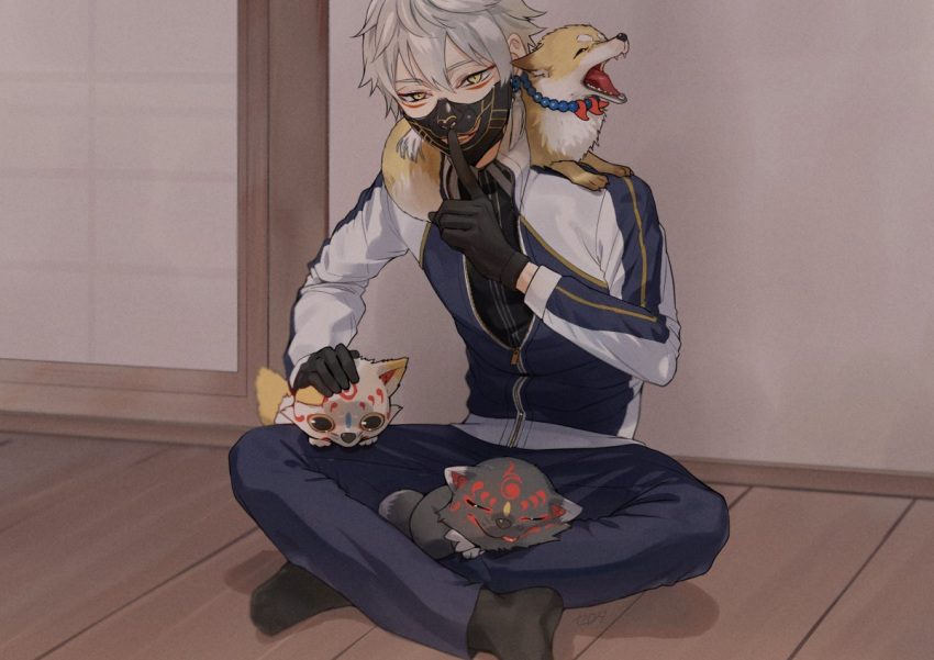1boy, animal_on_lap, animal_on_shoulder, armor, black_gloves, finger_to_mouth, fox, gloves