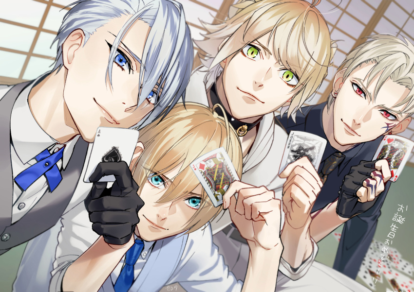4boys, aqua_eyes, black_gloves, blonde_hair, blue_eyes, card, choker, collared_shirt