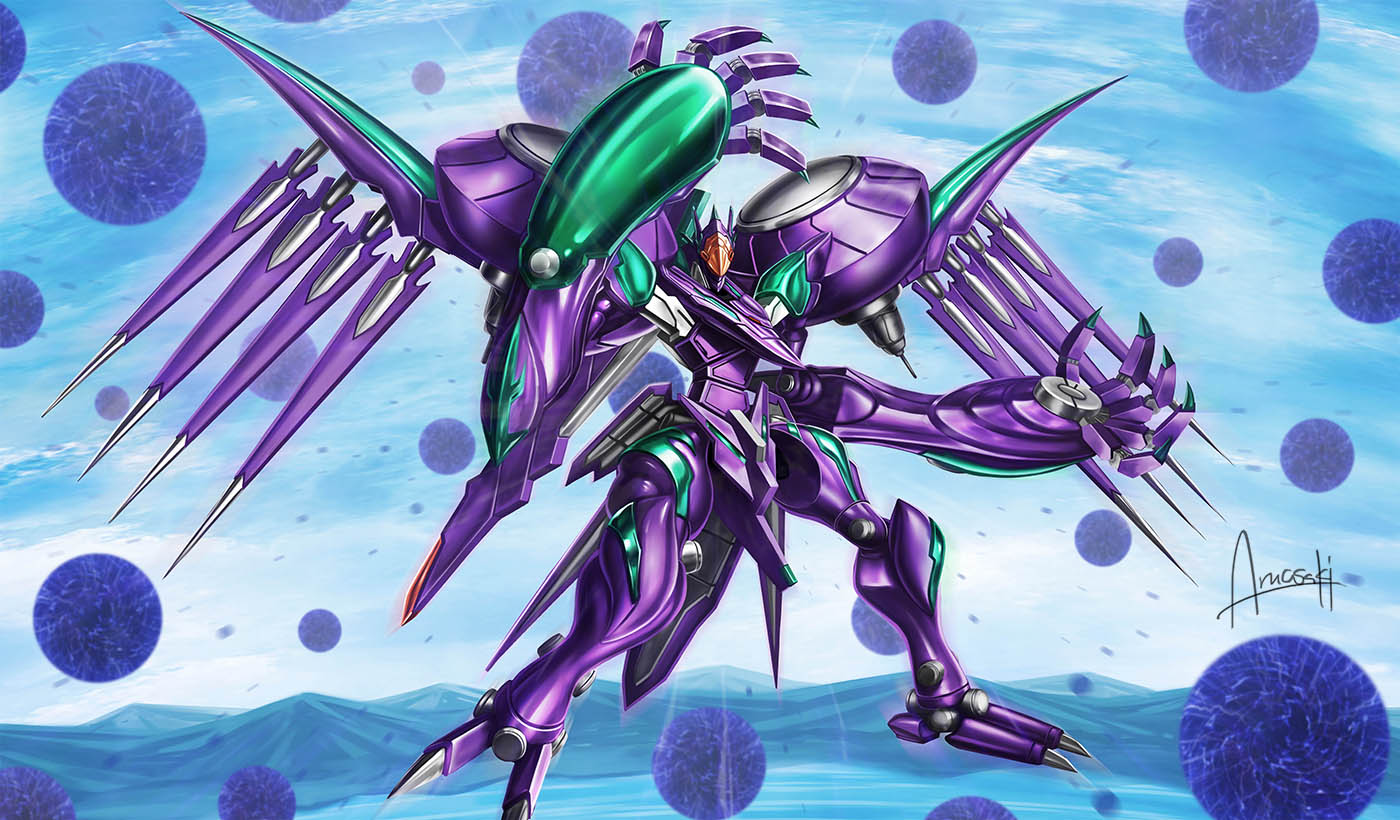 amasaki_yusuke, artist_name, claws, facing_down, floating, mark_nicht, mecha, mechanical_wings