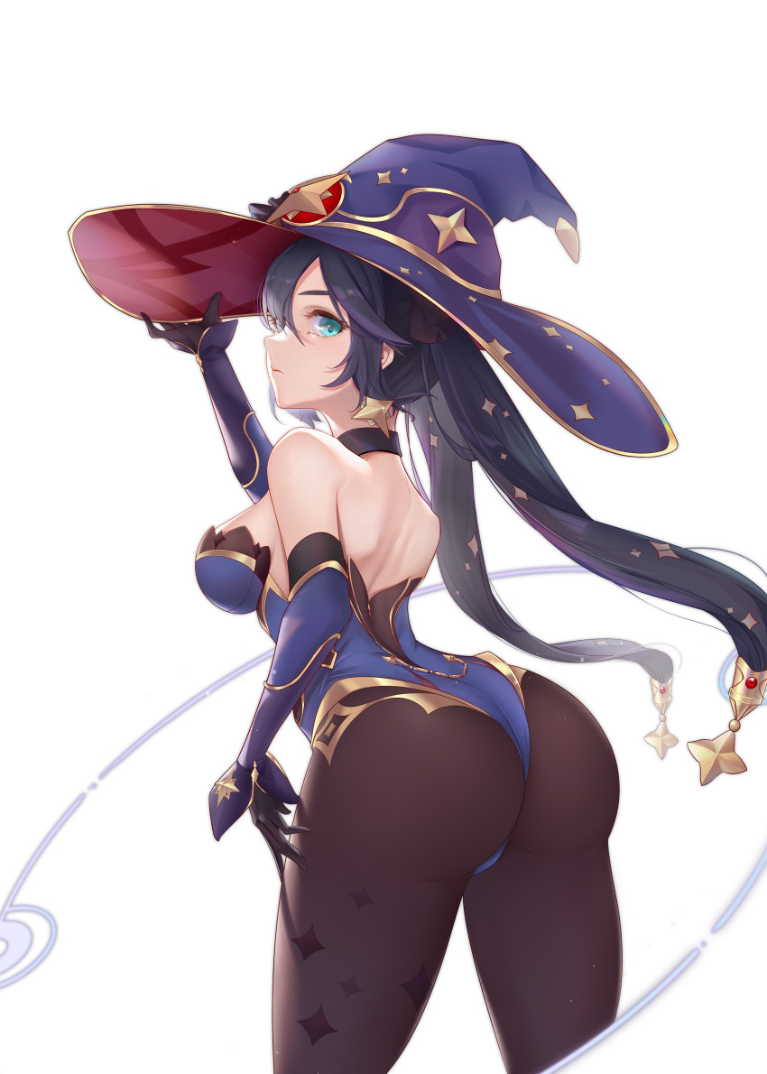 1girl, absurdres, aqua_eyes, arm_up, ass, bangs, bare_shoulders, black_gloves