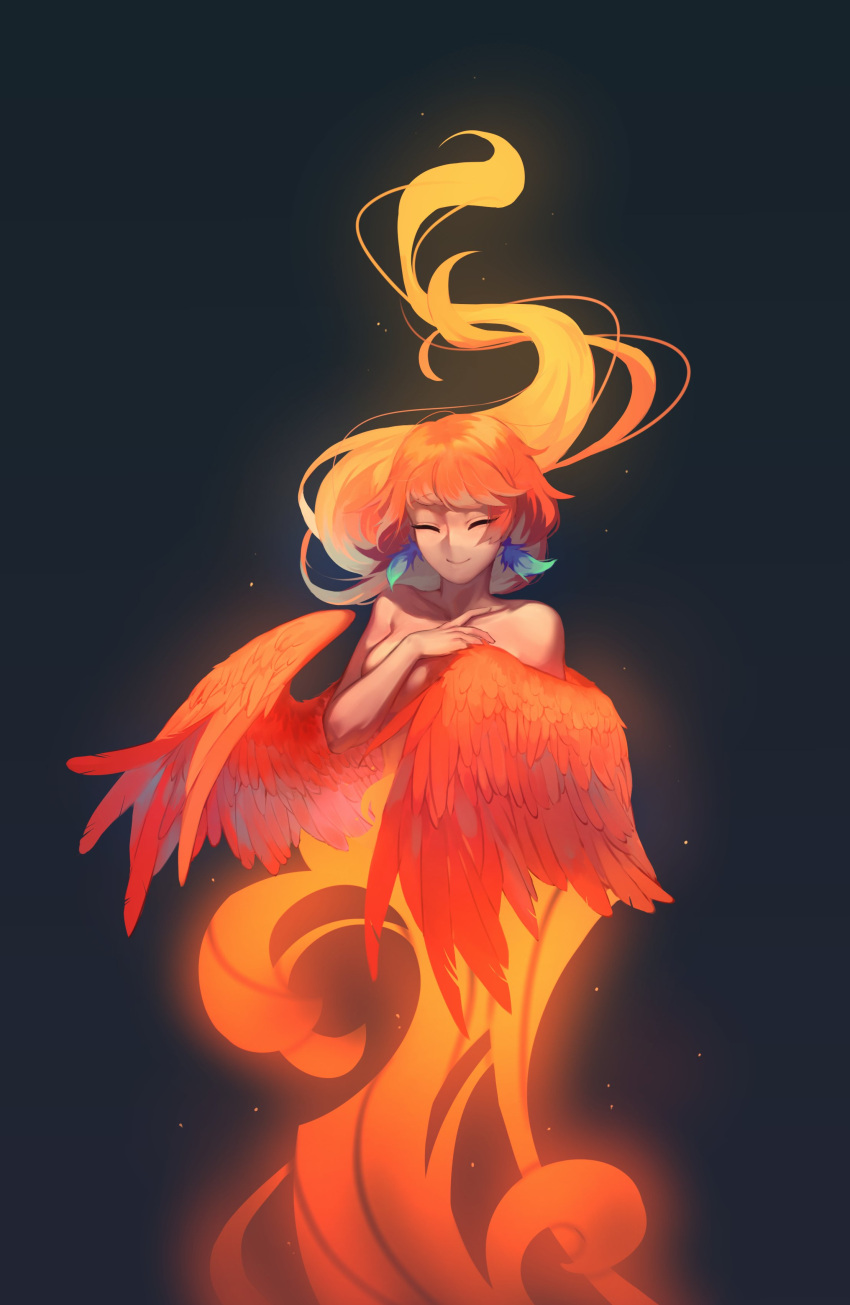 1girl, ^_^, absurdres, alternate_form, bangs, bare_shoulders, black_background, breasts, closed_eyes, collarbone, cotton_(cotton_birb), covering, covering_breasts, earrings, feather_earrings, feathers, fiery_hair, floating_hair, flying, glowing, hand_on_own_chest, highres, hololive, hololive_english, jewelry, medium_breasts, orange_hair, orange_wings, smile, solo, symbol_commentary, takanashi_kiara, virtual_youtuber, wings