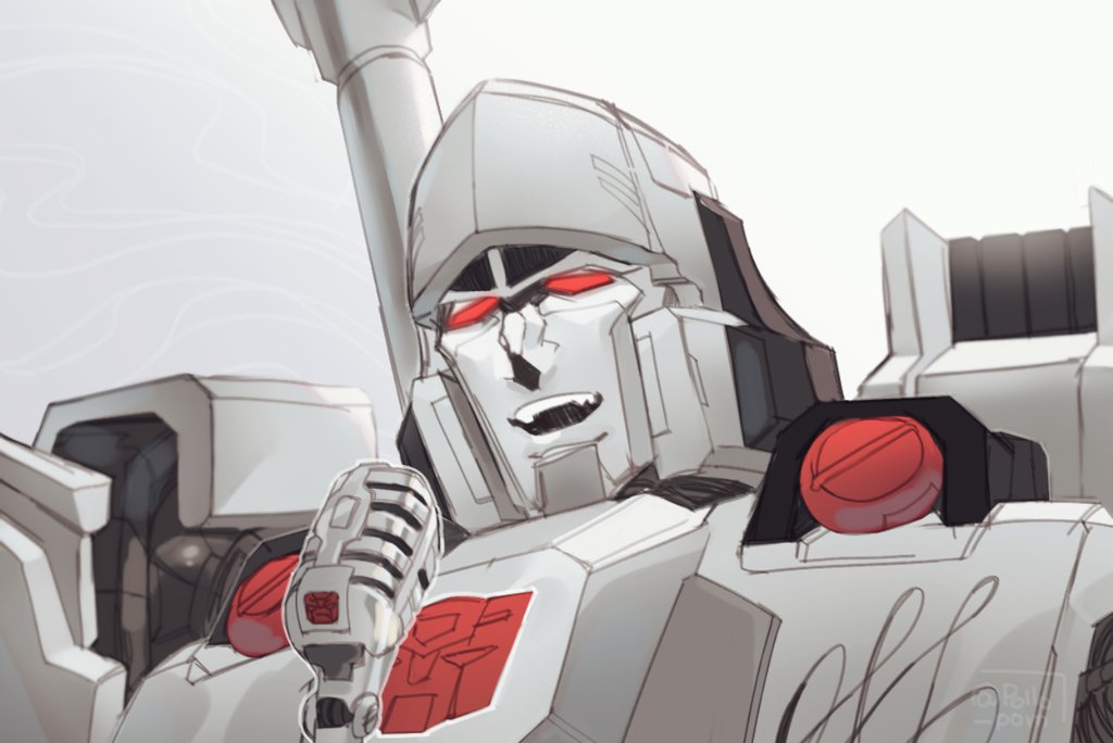 1boy, close-up, english_commentary, glowing, glowing_eyes, grey_background, mecha, megatron