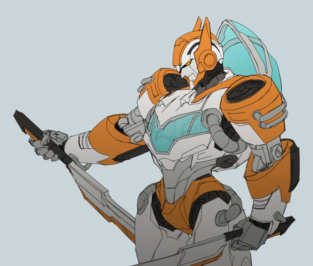 1boy, autobot, blades_(transformers), dual_wielding, english_commentary, grey_background, holding, holding_sword