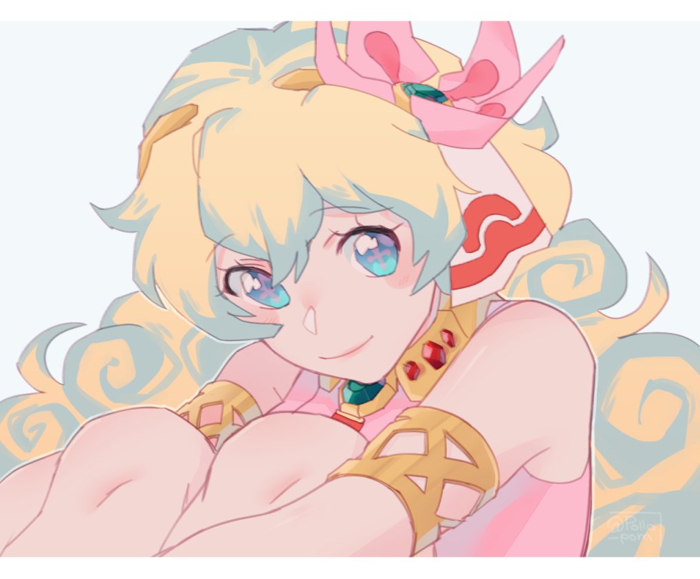 1girl, armband, bangs, blonde_hair, blue_eyes, blush, close-up, curled_up, english_commentary, eyebrows_visible_through_hair, flower, hair_flower, hair_ornament, knees_up, long_hair, nia_teppelin, pollo_(pollo_pom), smile, solo, symbol-shaped_pupils, tengen_toppa_gurren_lagann