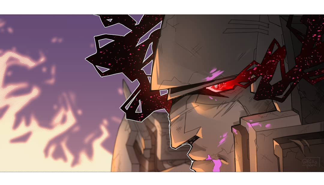 1boy, close-up, decepticon, energon, english_commentary, fire, from_side, glowing