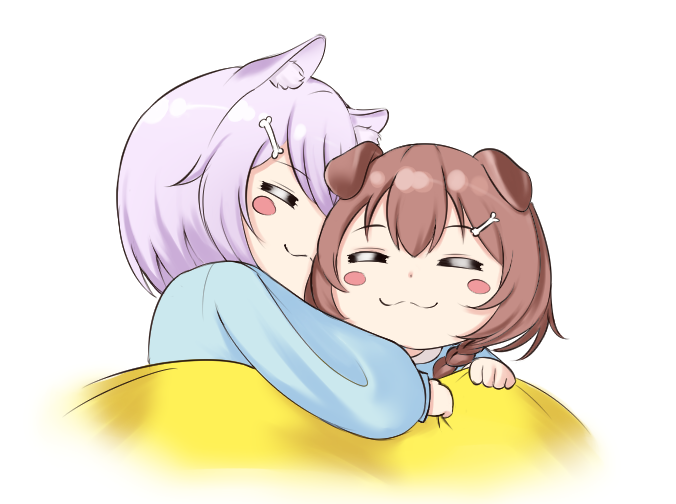 2girls, :3, animal_ear_fluff, animal_ears, bed_sheet, blue_shirt, blush_stickers, braid