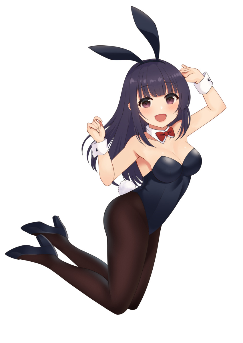 1girl, animal_ears, black_hair, black_legwear, black_leotard, bow, bowtie, brown_eyes