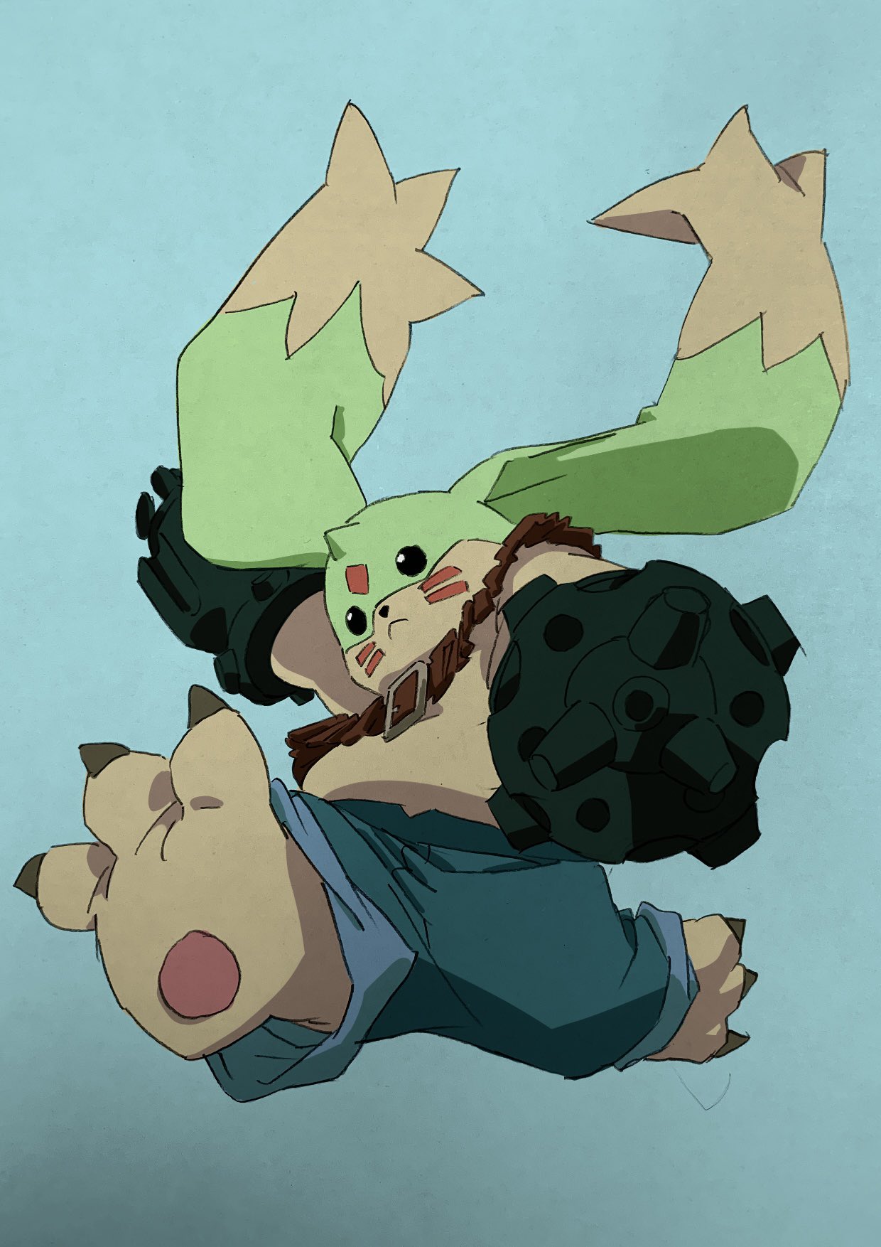 arai_hiroki, arm_cannon, black_eyes, blue_background, claws, denim, digimon, digimon_tamers