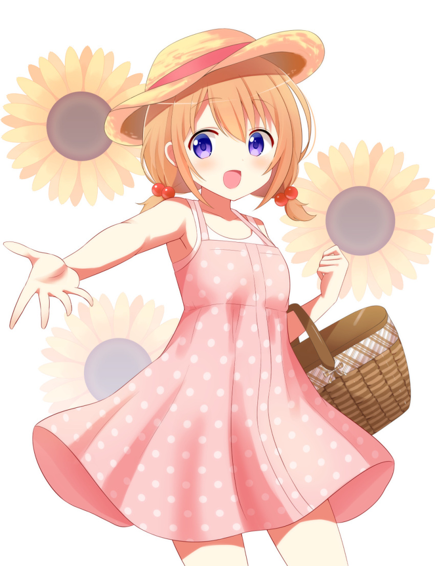 1girl, :d, basket, dress, eyebrows_visible_through_hair, flower, furutori, gochuumon_wa_usagi_desu_ka?