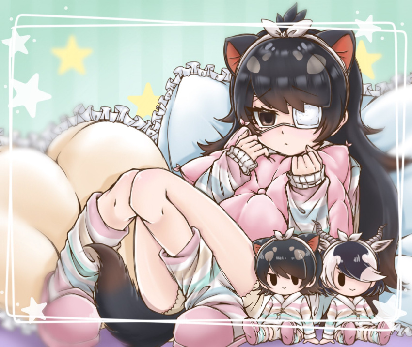 3girls, alternate_costume, antelope_ears, antelope_horns, australian_devil_(kemono_friends), black_hair, blackbuck_(kemono_friends), blue_pajamas