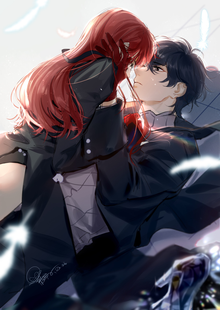 1boy, 1girl, absurdres, alternate_hairstyle, amamiya_ren, black_eyes, black_hair, black_jacket