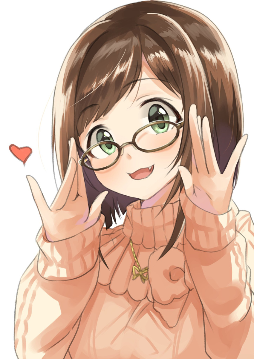 1girl, adjusting_eyewear, bangs, brown_hair, commentary_request, fang, glasses, green_eyes, heart, highres, idolmaster, idolmaster_cinderella_girls, jewelry, long_sleeves, looking_at_viewer, maekawa_miku, medium_hair, necklace, open_mouth, solo, sweater, swepot, swept_bangs, turtleneck, turtleneck_sweater, upper_body, white_background