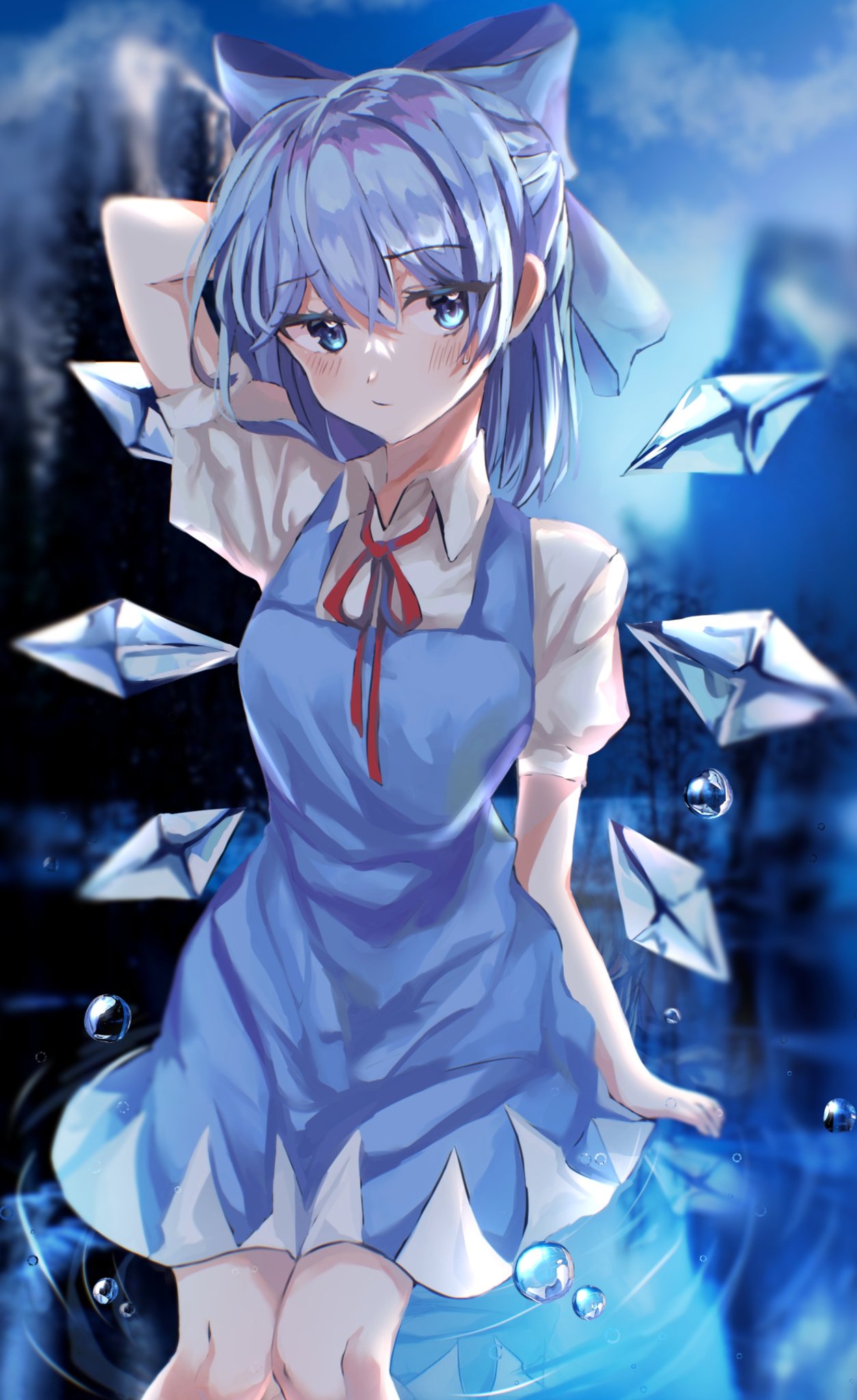 1girl, arm_behind_head, blue_bow, blue_dress, blue_eyes, blue_hair, blurry, blurry_background