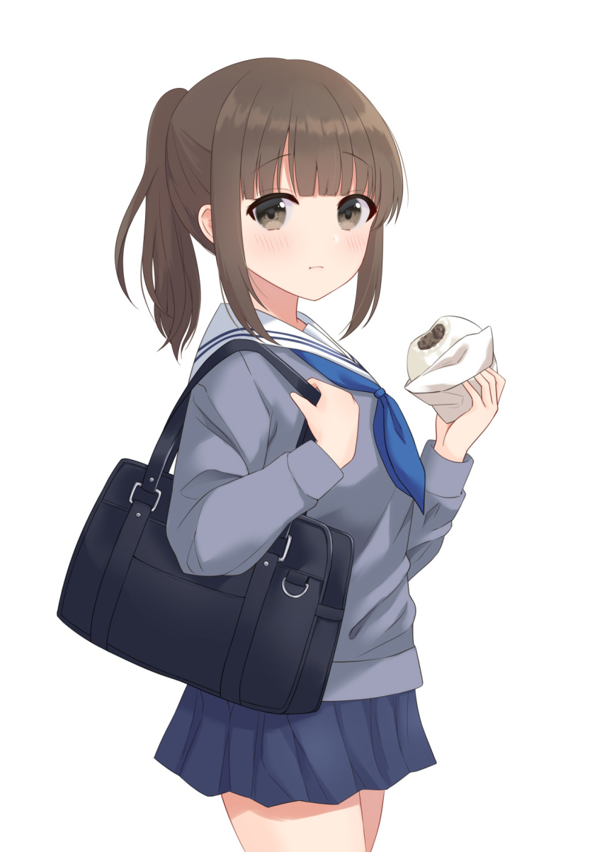 1girl, bag, bangs, baozi, blue_neckwear, blue_skirt, blunt_bangs, blush
