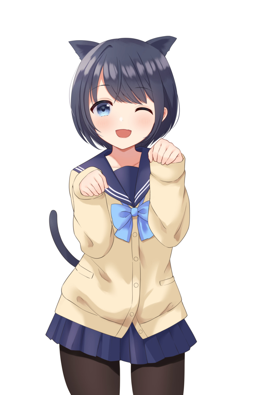 1girl, animal_ears, bangs, black_hair, black_legwear, blue_eyes, blue_skirt, blush