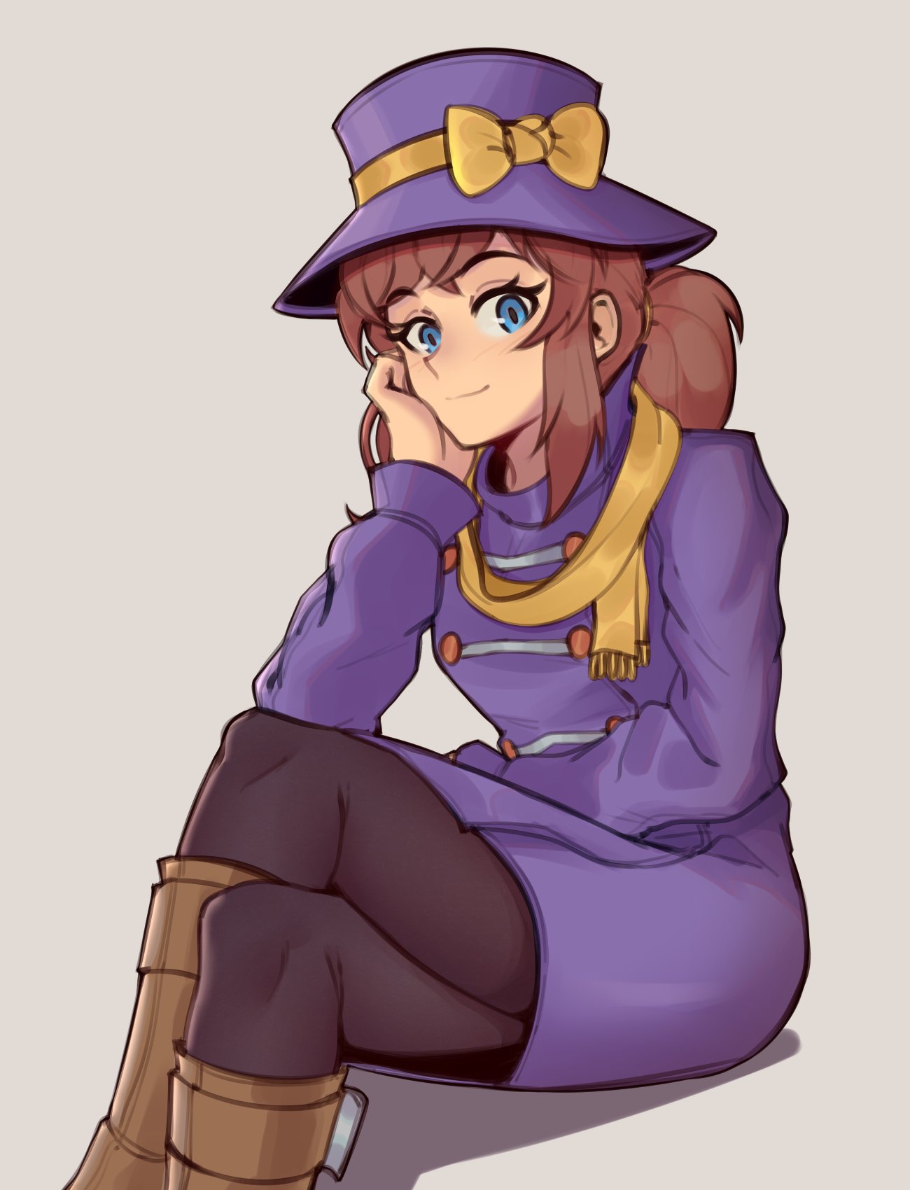 1girl, a_hat_in_time, black_legwear, blue_eyes, blush, boots, bow, brown_footwear
