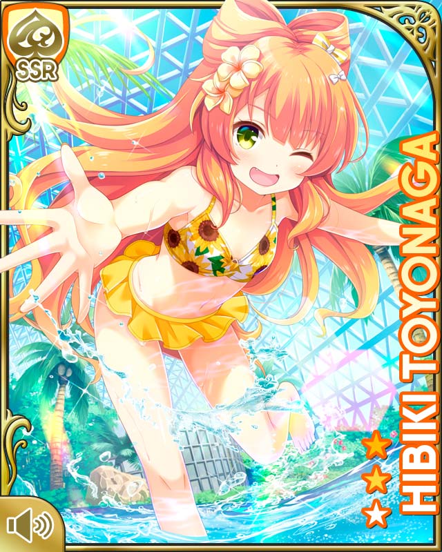 blush, breasts, card, character_name, collarbone, fang, flower, girlfriend_(kari)