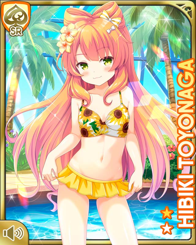 :3, blush, breasts, card, character_name, collarbone, fang, flower, girlfriend_(kari), green_eyes, hair_flower, hair_ornament, hair_ribbon, lens_flare, long_hair, looking_at_viewer, navel, official_art, orange_hair, palm_tree, pool, qp:flapper, ribbon, small_breasts, swimsuit, toyonaga_hibiki, tree
