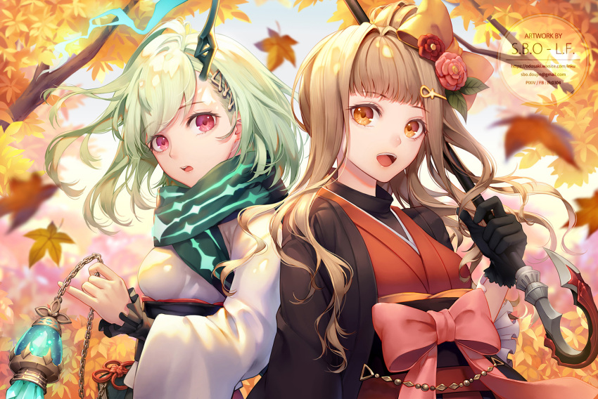2girls, autumn_leaves, black_gloves, blonde_hair, bow, chain, commentary_request, eyebrows_visible_through_hair