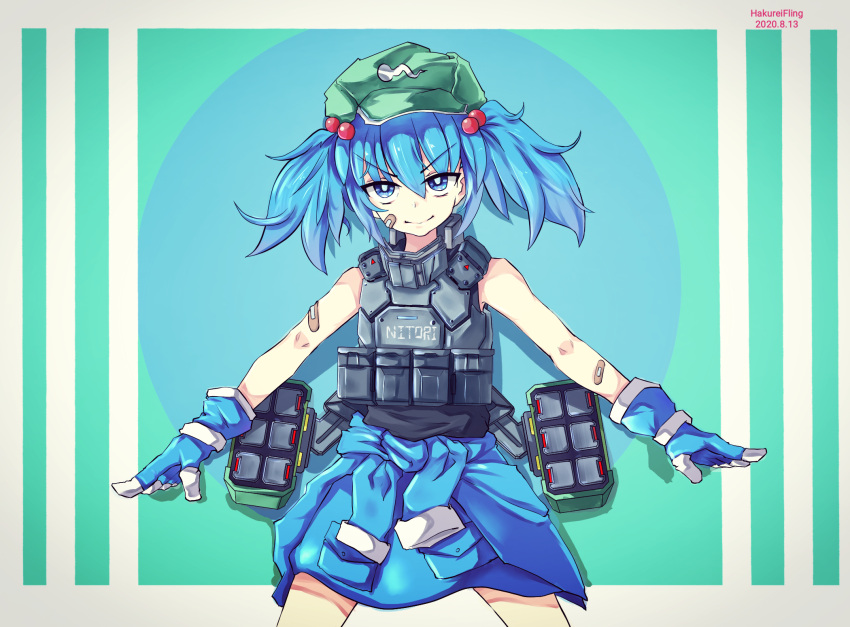 >:), 1girl, armor, artist_name, bandaid, bandaid_on_arm, bandaid_on_face, blue_eyes
