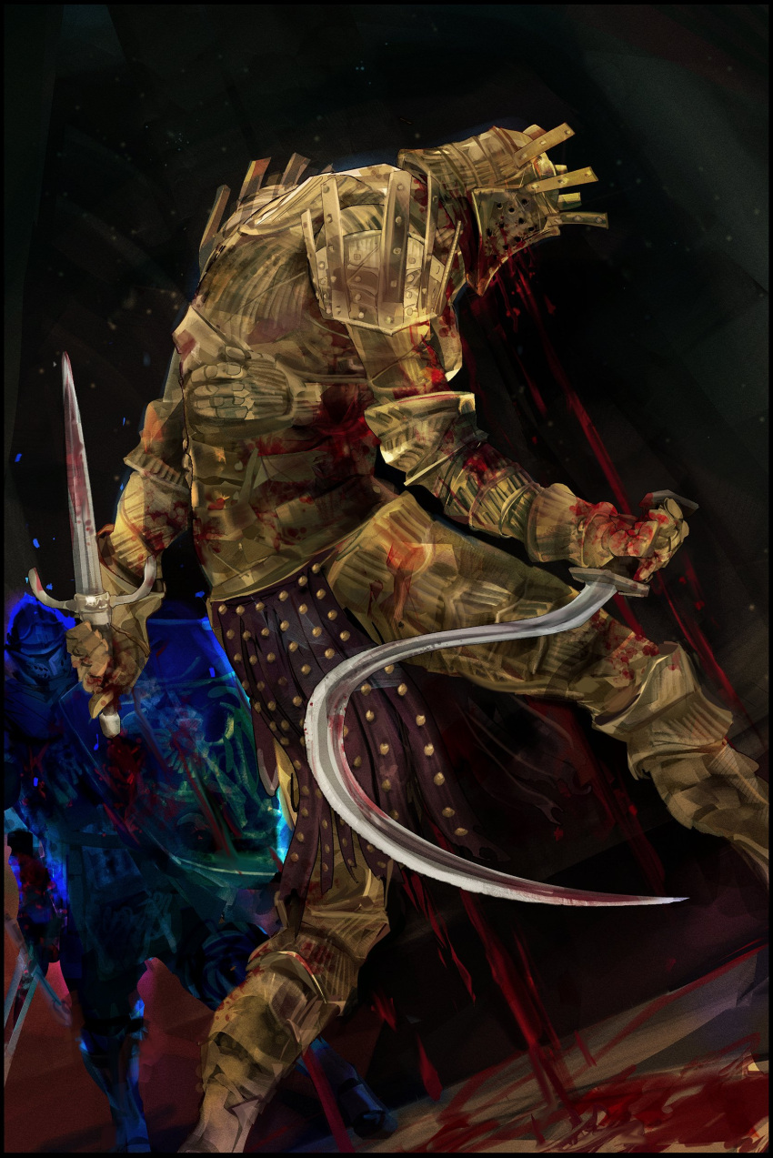 1boy, 1other, absurdres, ambiguous_gender, armor, bleeding, blood, blood_splatter