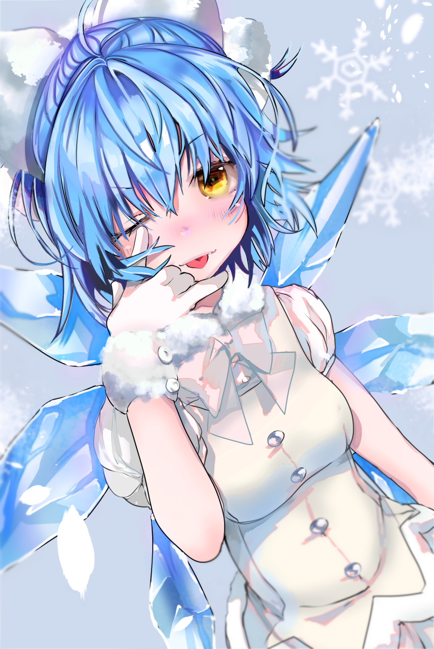 1girl, ;p, ahoge, alternate_costume, alternate_eye_color, beige_bow, beige_dress, beige_neckwear