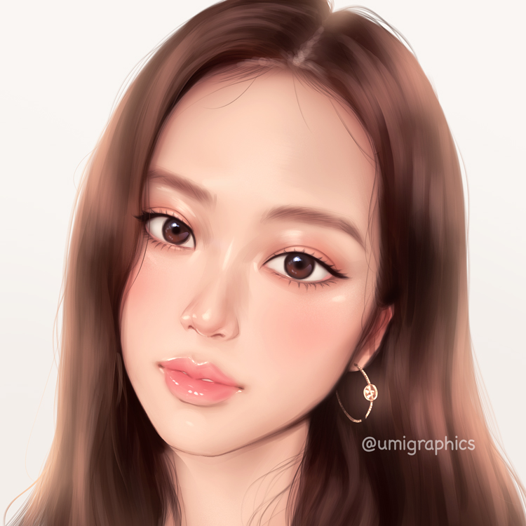 blackpink, brown_eyes, close-up, earrings, face, forehead, jewelry, jisoo_(blackpink), lips, long_hair, looking_at_viewer, portrait, simple_background, umigraphics