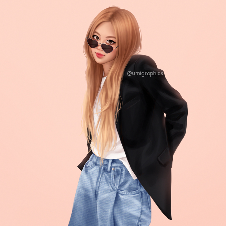 1girl, blackpink, blonde_hair, brown_eyes, cowboy_shot, denim, forehead, heart