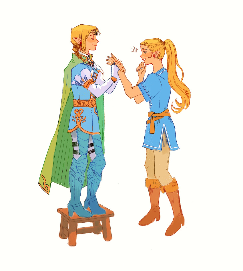 1boy, 1girl, alternate_costume, birdfrogdraws, blonde_hair, blue_shirt, blush, boots, brown_footwear, cape, closed_eyes, cosplay, fingerless_gloves, gloves, green_cape, highres, link, link_(cosplay), long_hair, pointy_ears, ponytail, princess_zelda, puffy_short_sleeves, puffy_sleeves, shirt, short_sleeves, simple_background, smile, standing, stool, the_legend_of_zelda, the_legend_of_zelda:_breath_of_the_wild, white_background