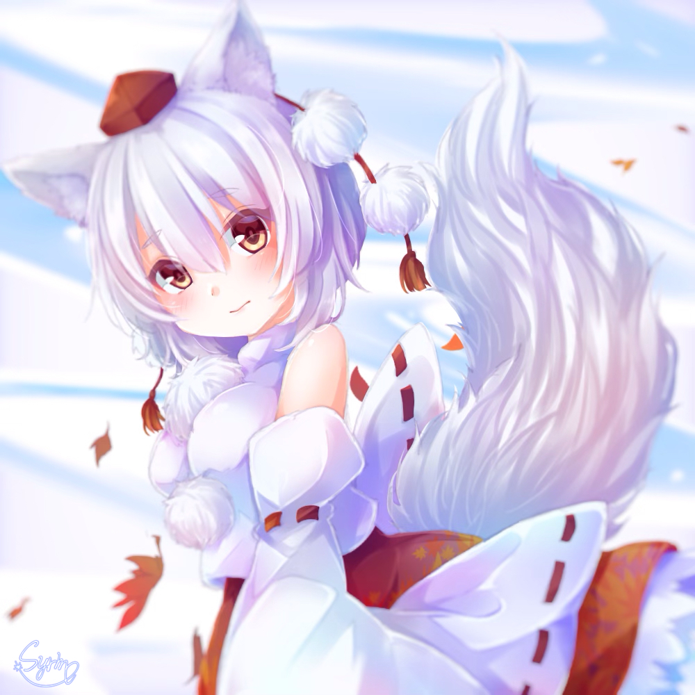animal_ears, autumn_leaves, bare_shoulders, breasts, detached_sleeves, eyebrows_visible_through_hair, hat, inubashiri_momiji, large_breasts, outdoors, pom_pom_(clothes), red_eyes, red_skirt, ribbon-trimmed_sleeves, ribbon_trim, shirt, short_hair, silver_hair, skirt, sleeveless, sleeveless_shirt, tail, tokin_hat, touhou, turtleneck, white_shirt, wolf_ears, wolf_tail, yunagi_(arukumaruta)