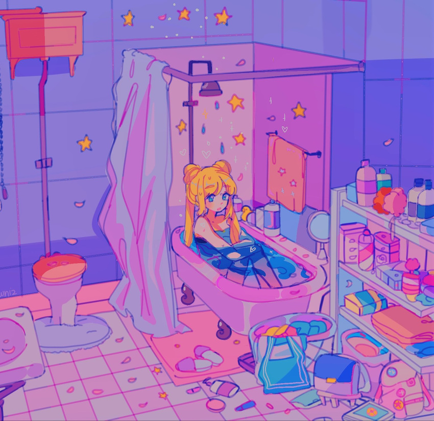 1girl, backpack, bag, bathtub, bishoujo_senshi_sailor_moon, blonde_hair, blue_eyes, double_bun, heart, highres, long_hair, meowwniz, mirror, partially_submerged, petals, shelf, shirt, shower_curtain, shower_head, sitting, slippers, solo, star_(symbol), toilet, towel, tsukino_usagi, twintails